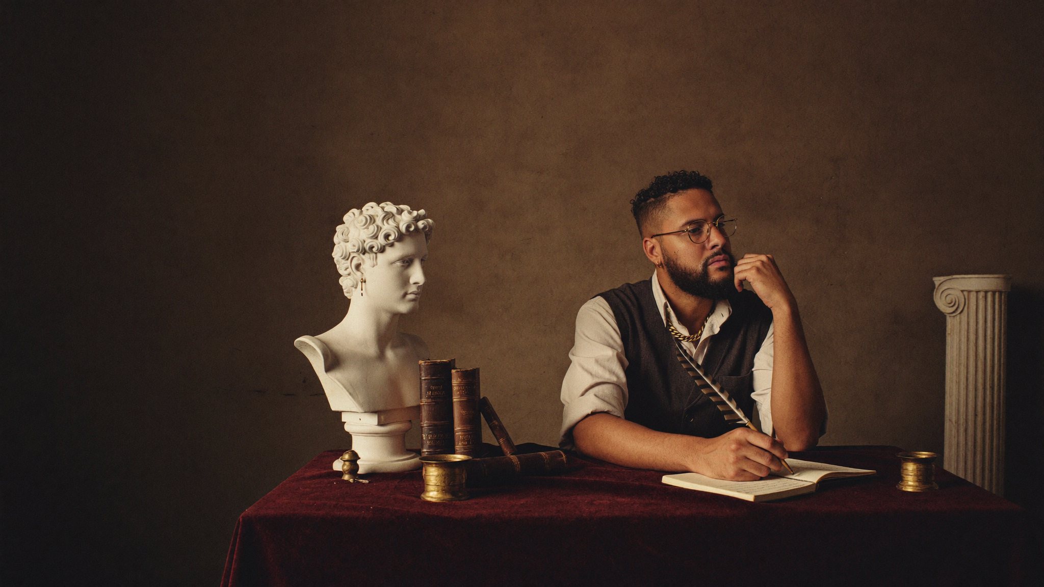 Michael Angelo Guadalupe pensativo en su escritorio junto a un busto clásico